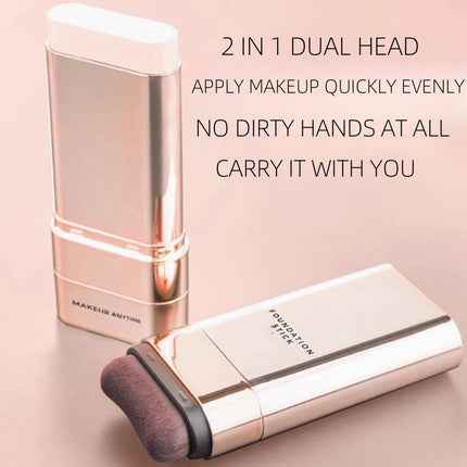 Makeup brush with dual head on a light pink background