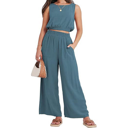 Round Neck Sleeveless Lower Hem High Waist Wide Leg Two-piece Set