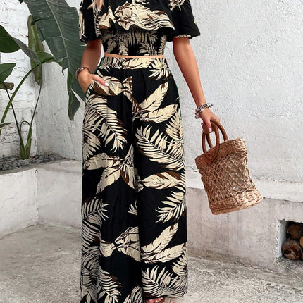 Tropical Off Shoulder Top With Lace Trim And Wide Leg Pants Set