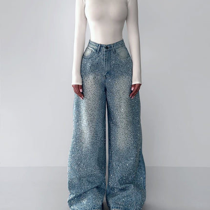 Denim Irregular Rhinestone Jeans
