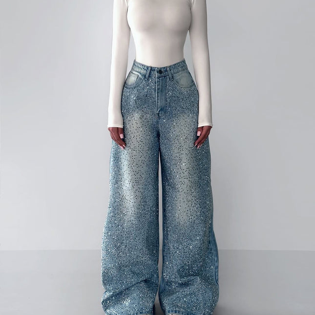 Denim Irregular Rhinestone Jeans