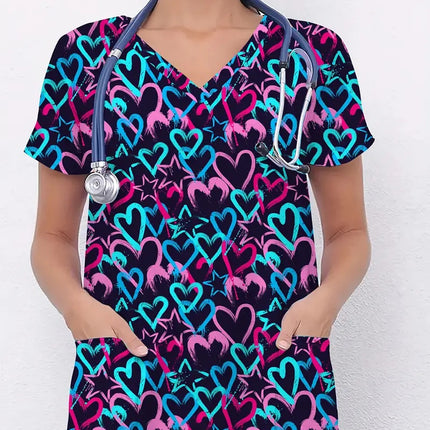 Vibrant Print Scrub Top Casual V-Neck Short Sleeve