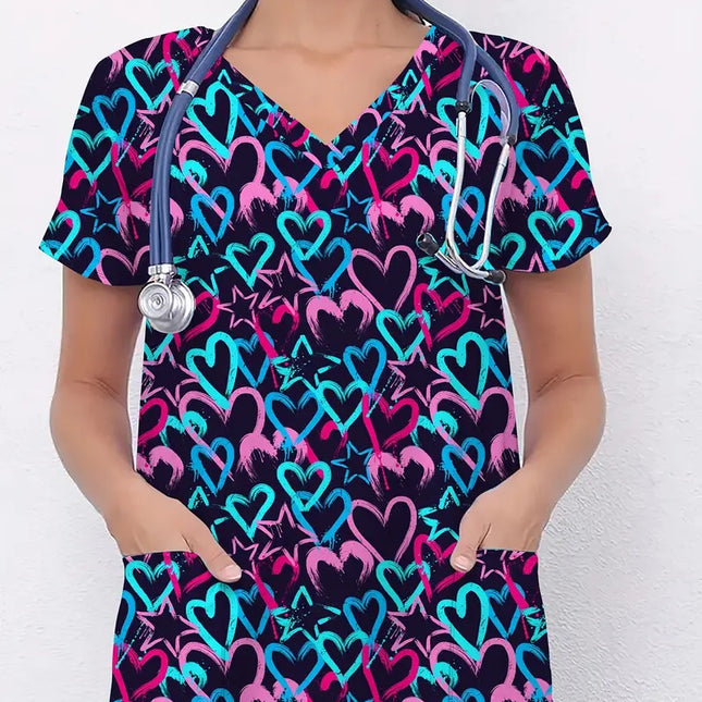 Vibrant Print Scrub Top Casual V-Neck Short Sleeve