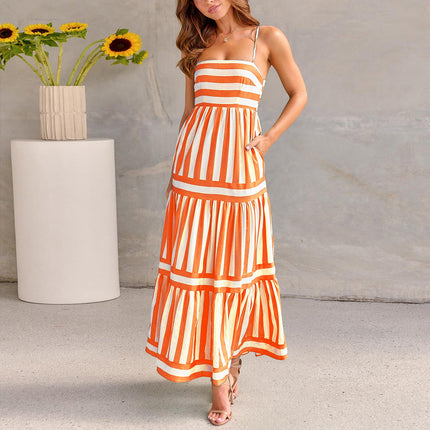 Summer Striped Suspender Long Dress With Pockets
