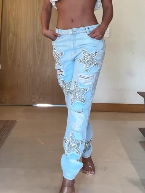 Five-pointed Star Diamond Ripped Jeans