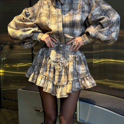 Women's Plaid Design Ruffled Suit