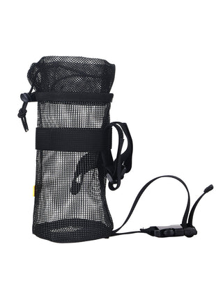 Black mesh water bottle holder with strap on a white background