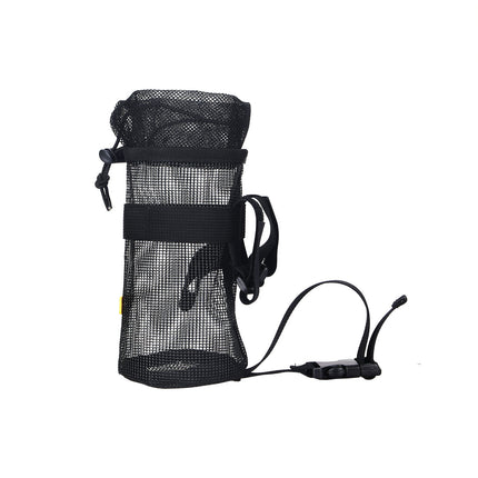Black mesh water bottle holder with strap on a white background