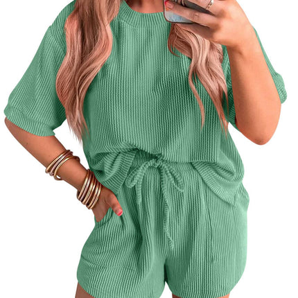 Short-sleeved Wavy Round Neck Top Elastic Waist Shorts Set