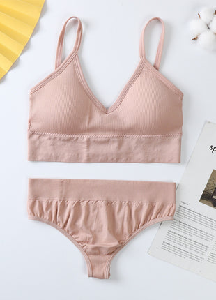 No Steel Ring Gather Beautiful Cotton Back Thin French Triangle Cup Bra Set