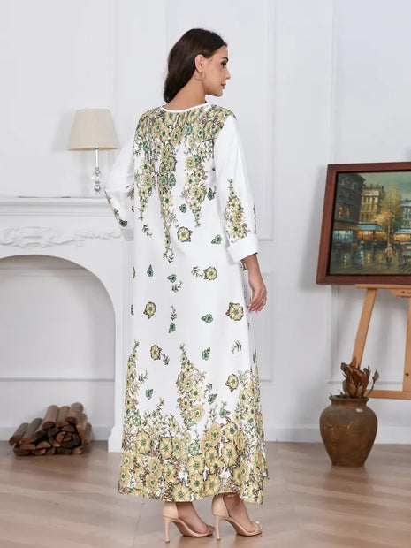 Vestido elegante de manga larga con cuello redondo, diseño de flores y diamantes