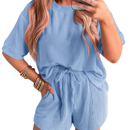 Short-sleeved Wavy Round Neck Top Elastic Waist Shorts Set