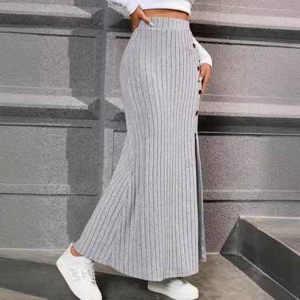 Knitted Dress Sunken Stripe Slit Fastener Decoration Sheath Skirt