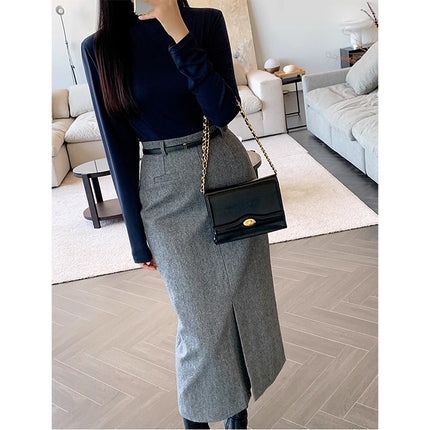 Gray Autumn and Winter Thickened High Waist Mid-Length Sheath Skirt