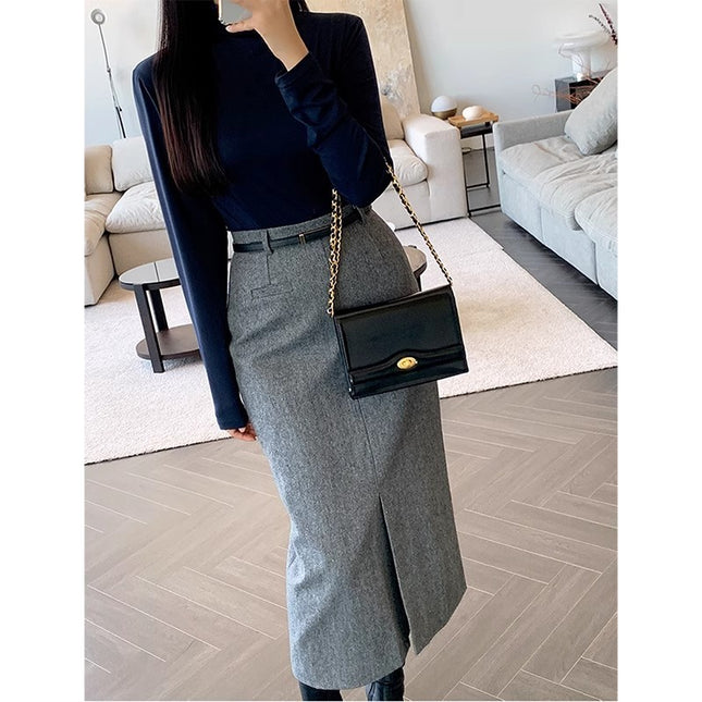 Gray Autumn and Winter Thickened High Waist Mid-Length Sheath Skirt
