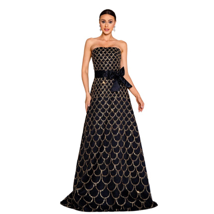 Off-neck Wrapped Chest Nipped-waist Large Swing Sequined Dress