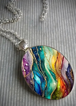 Retro-inspired Dreamy Ripple-pattern Oval Glass Pendant Necklace