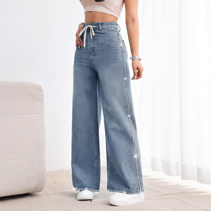 Retro Wide Leg Washed Beaded Drawstring High Waist Jeans