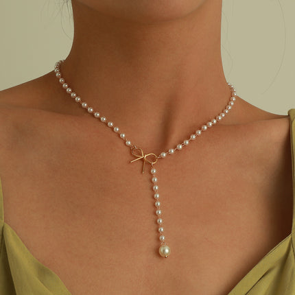 Bow Pearl Tassel Pendant Necklace