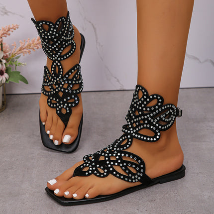 Hollow Rhinestone Buckle Flat Toe Sandals