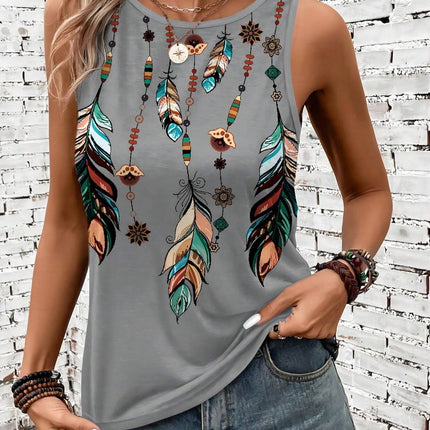 Women's Feather Print Vest Summer Print