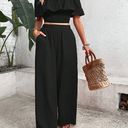 Tropical Off Shoulder Top With Lace Trim And Wide Leg Pants Set