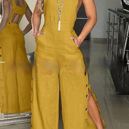 Sleeveless Side Pocket Side Buckle Wide Leg Jumpsuit