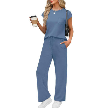 Round Neck Loose Short Sleeves Pocket Pants Casual Set