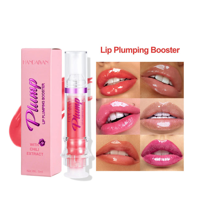 Lip plumping booster with packaging and before-and-after effects on lips.