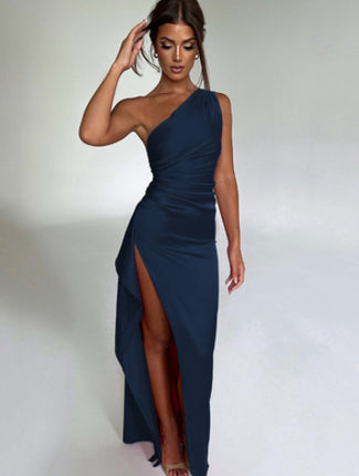 Sexy Satin One-shoulder Backless Slit Dress