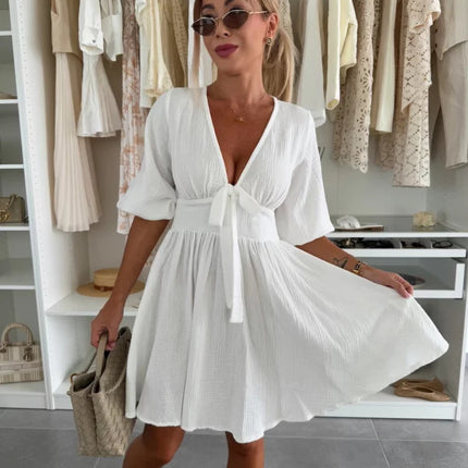 Short Sleeve Casual V-neck Sahara Plaid Dress