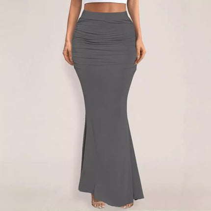 Stretch Silk Slim Hip Pleated Wide Hem Long Skirt
