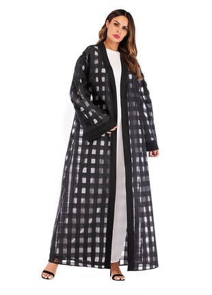 Plaid Loose Sleeved Lace Up Mesh Abaya