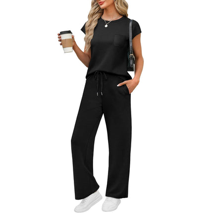 Round Neck Loose Short Sleeves Pocket Pants Casual Set