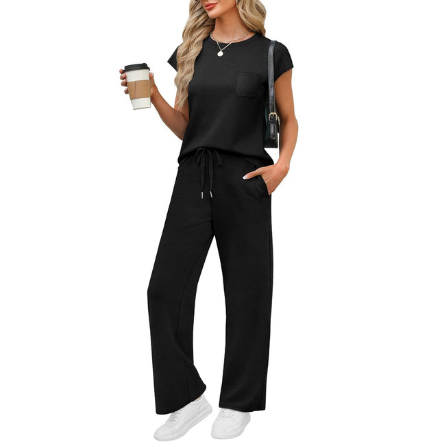 Round Neck Loose Short Sleeves Pocket Pants Casual Set