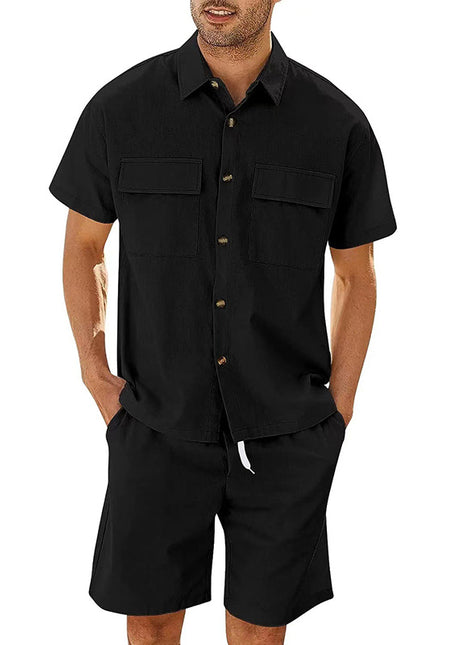 Conjunto de camisa de manga corta con bolsillos y shorts con cordón de algodón
