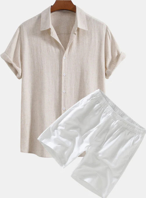 Traje de pantalones cortos y camisa de manga corta casual de color liso para hombre