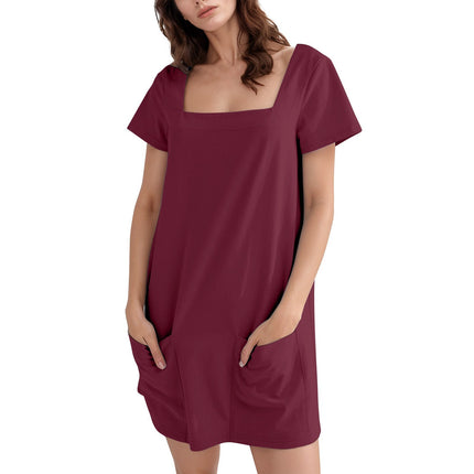 Square Collar Short Sleeve Short Skirt Pocket Dress