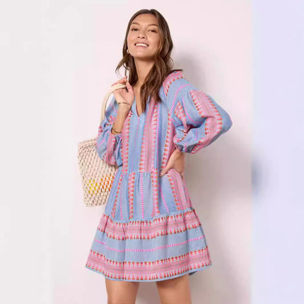 Sleeve V-neck Striped Printed A- Line Skirt Dress