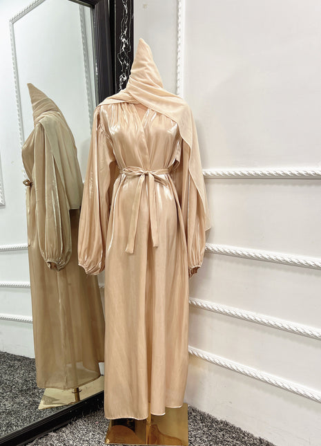 Abaya cárdigan elegante de manga abullonada con pañuelo a juego