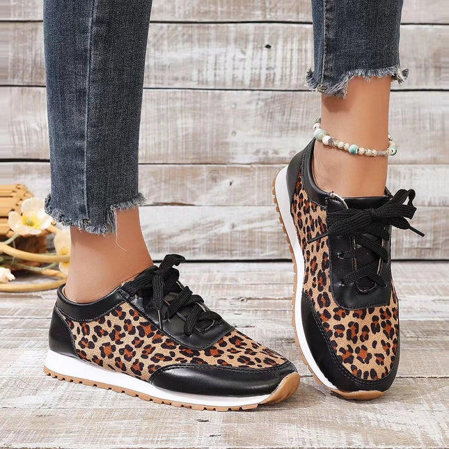 Flat Bottomed Leopard Lace Up Casual Shoes