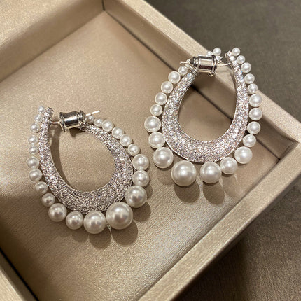 Full Diamond Row of Pearl Drop Earrings