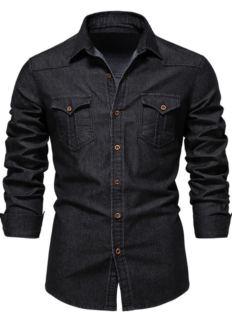 Camisa vaquera de manga larga para hombre, informal, de color liso, con botones, de corte entallado