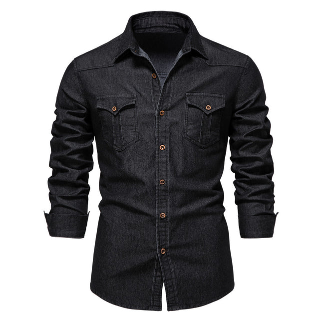 Men's Long-sleeved Denim Shirt Casual Solid Button Slim Tops Clothing