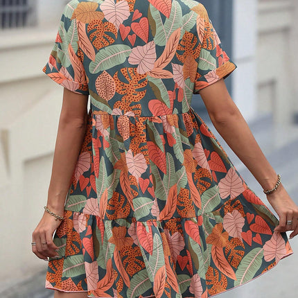 Print Batwing Sleeve Ruffle Hem Smock Dress Vacation Beach Outfits