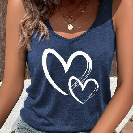 Casual Hearts Print Crew Neck Sleeveless Tank Top