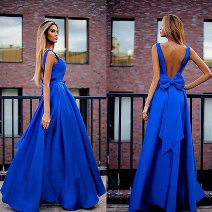 V Neck Sleeveless Backless Bow Ball Evening Dress