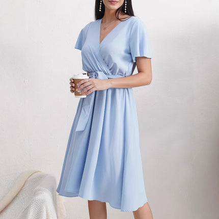 Short Sleeve Cross Collar Belt Dress