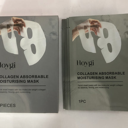 Two packages of Hoygi collagen absorbable moisturising masks on a white background