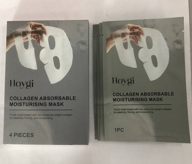 Two packages of Hoygi collagen absorbable moisturising masks on a white background